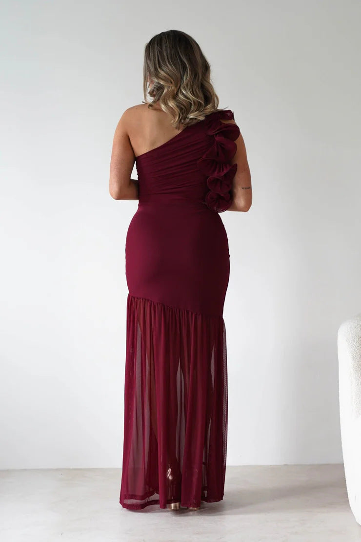 Autumn Winter Hollow Out One Shoulder Ruffled Mesh Dress