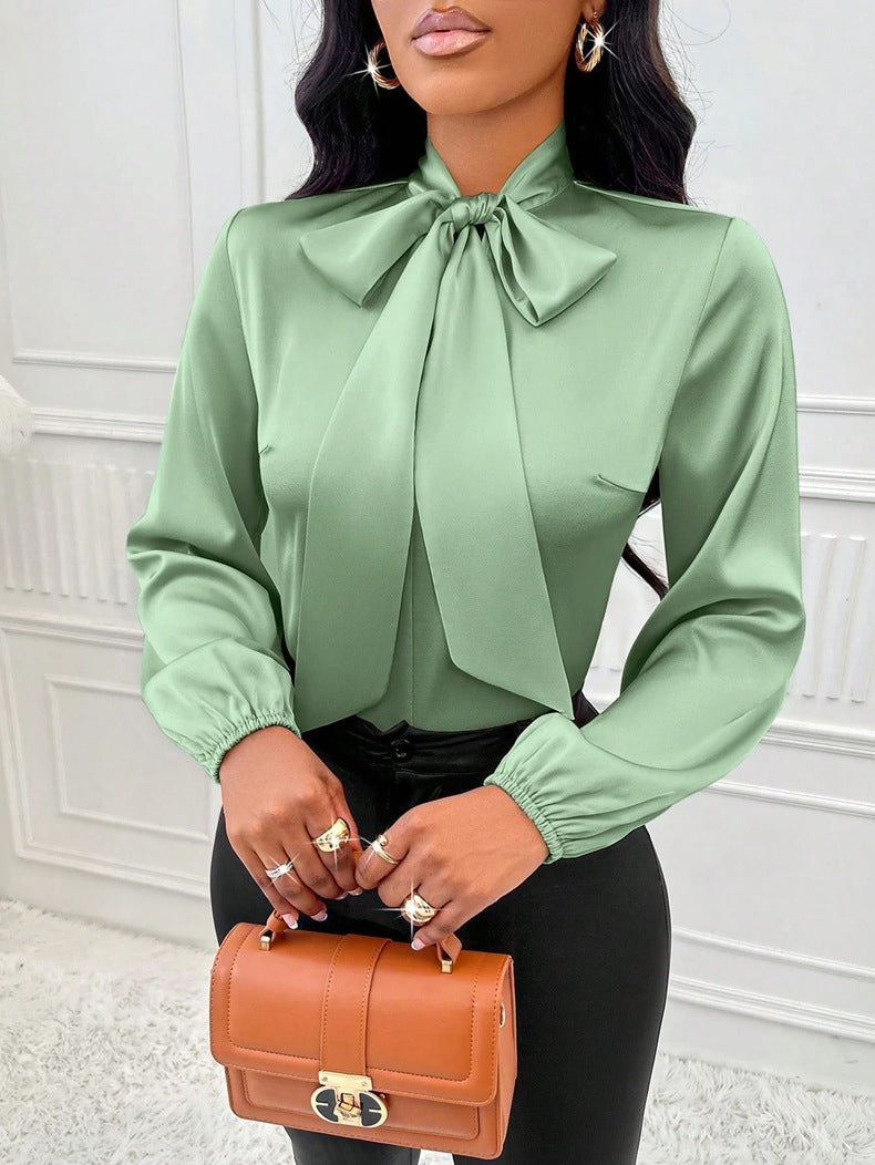 Women Satin Bow Long Sleeve Shirt