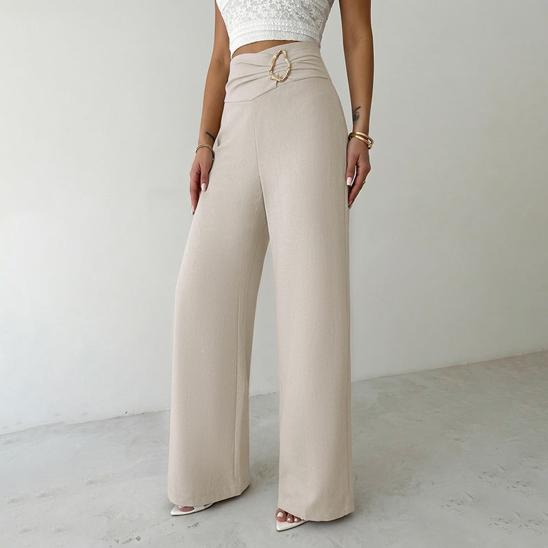 Women High Waist Metal Decoration Straight Leg Pants