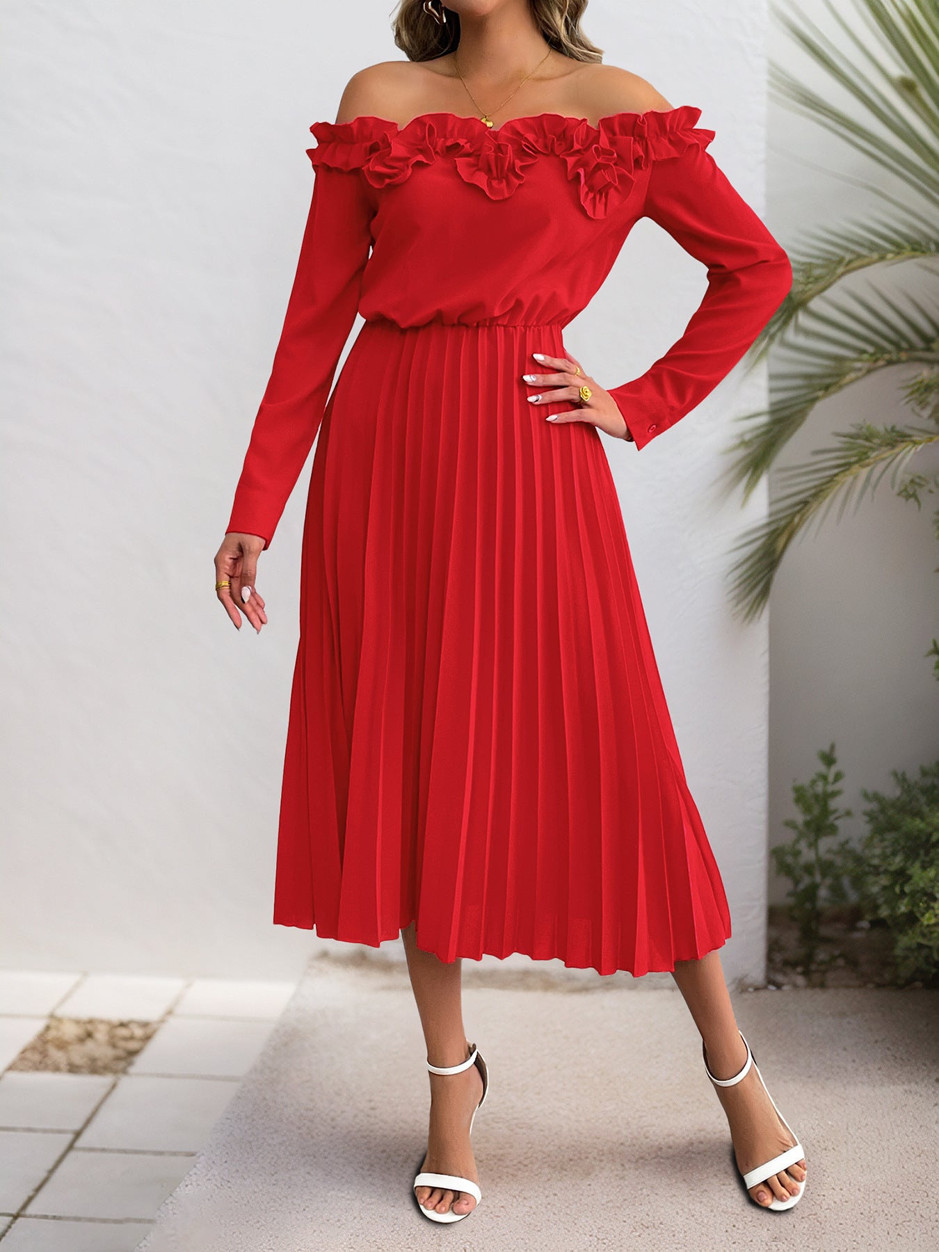 Elegant Sweet off Shoulder Long Sleeve Solid Color Dress