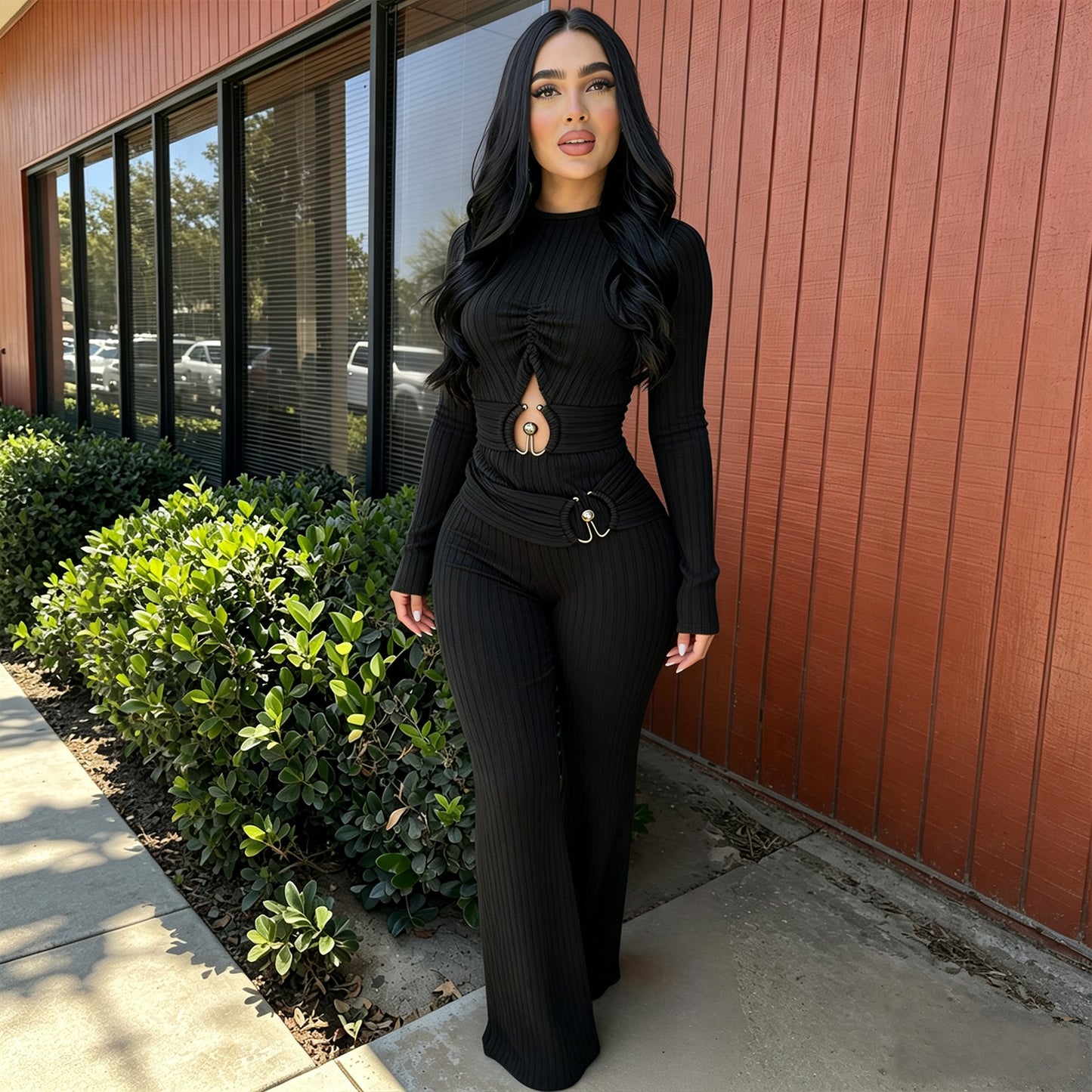 Women Sunken Stripe Hollow Out Casual Office Jumpsuit