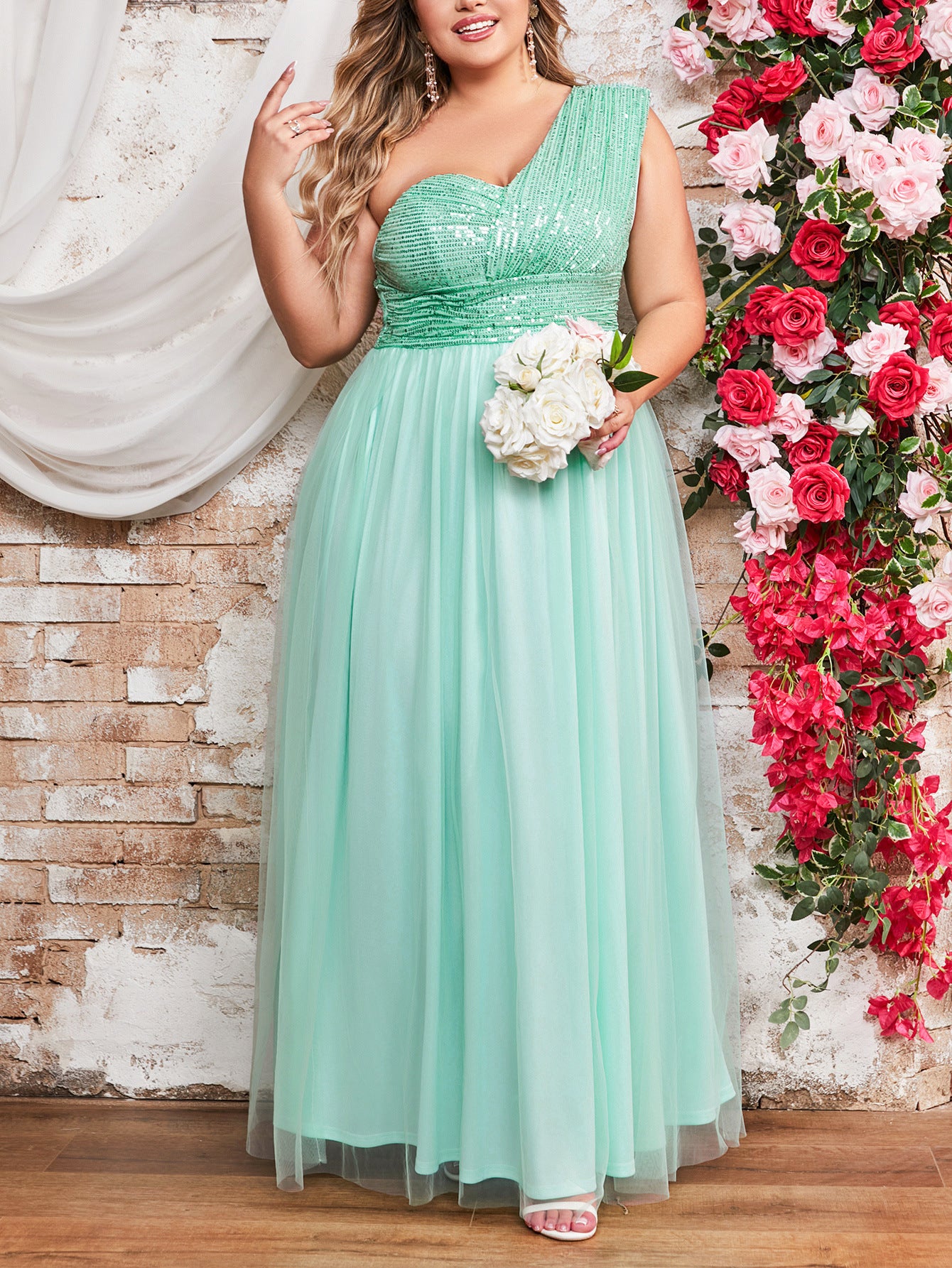 Plus Size Women Elegant Mesh Diagonal Shoulder Dress