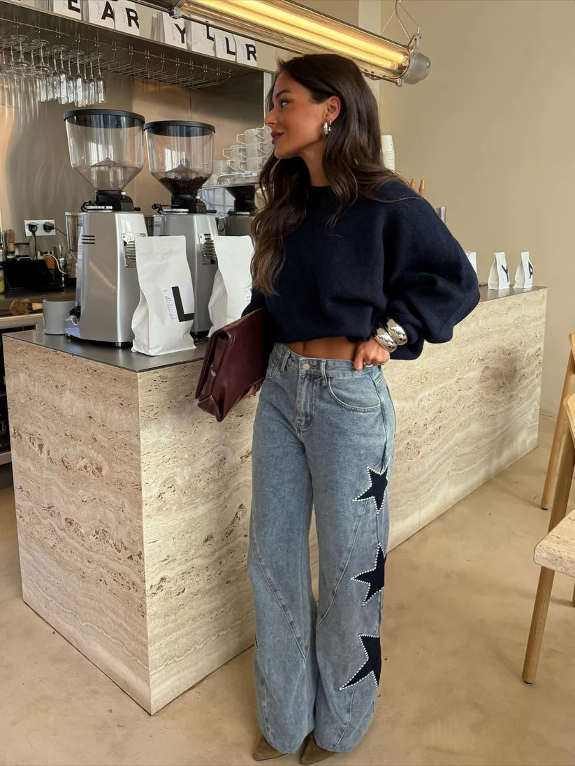 Women Casual Five Pointed Star Loose Straight Denim Pants