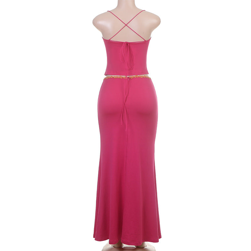 French Sweet Casual Chiffon Lace Vest Skirt Set