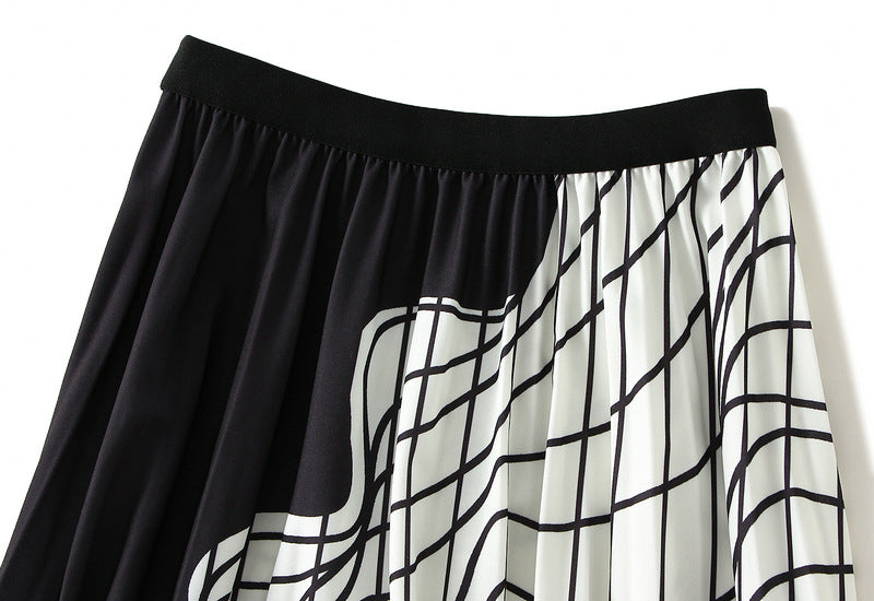 Pleated Women Mid Length Design Black White Contrast Color Skirt
