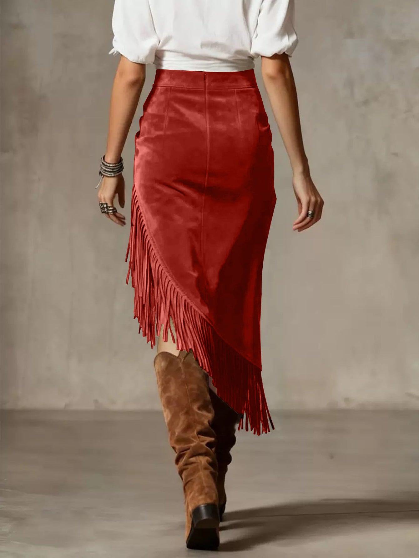 Retro Western Irregular Asymmetric Design Suede Skirt