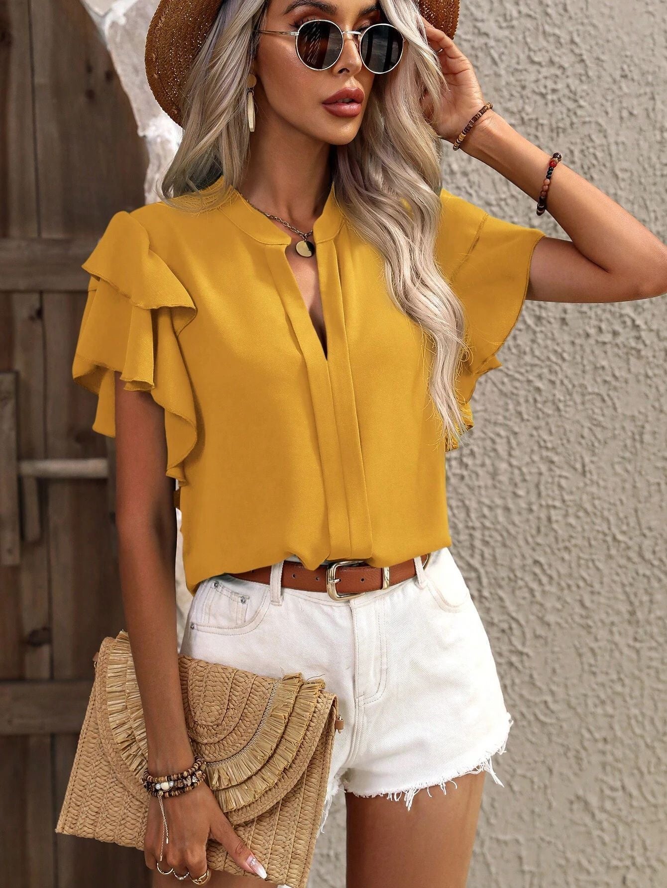 Summer V neck Casual Double Layer Ruffle Sleeve Shirt