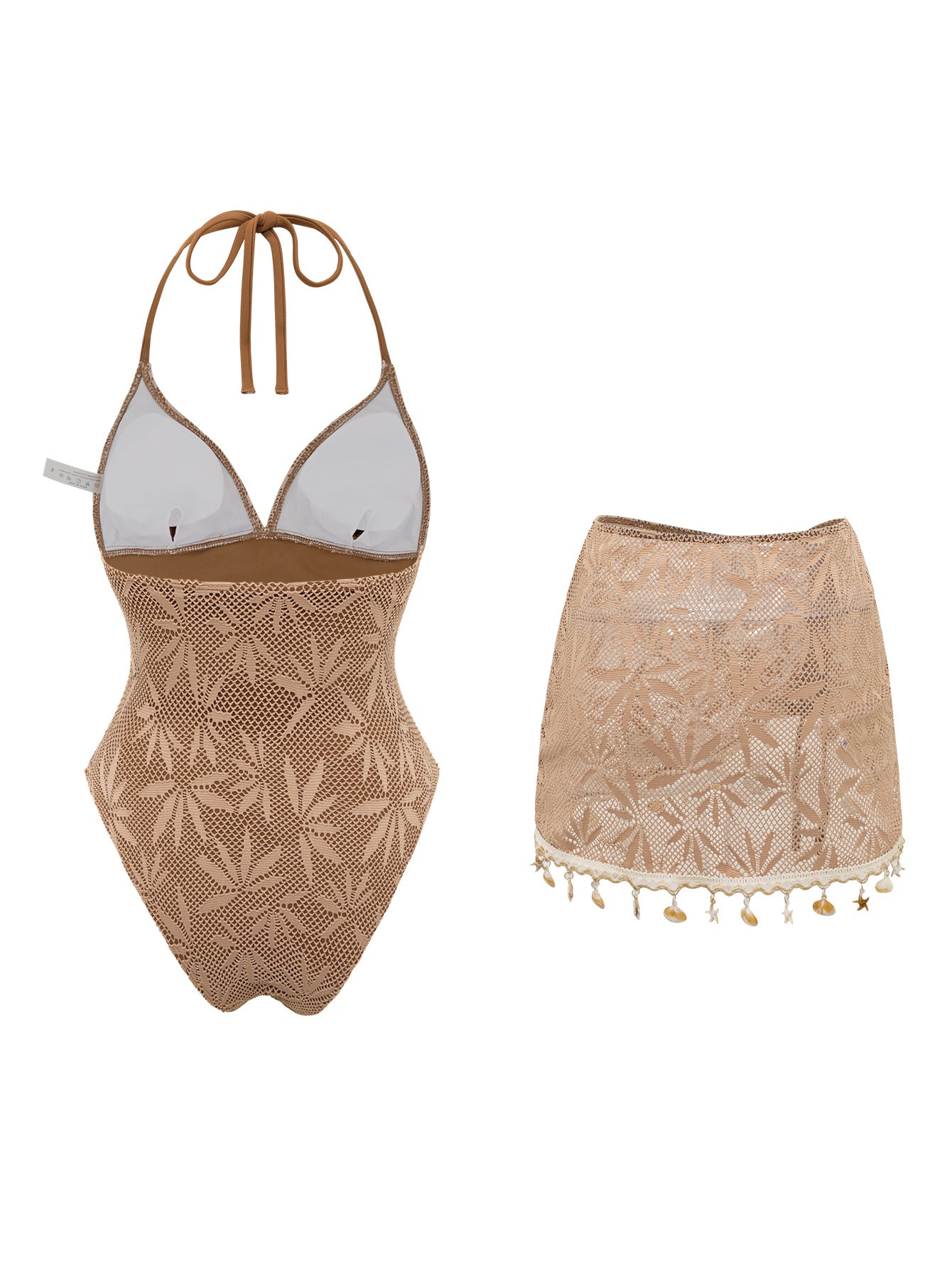 Solid Color Mesh Backless Skirt One Piece Swimsuit