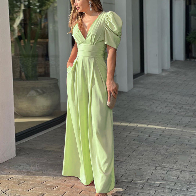 Women Short Sleeve Elegant Wide Legs Jumpsuit