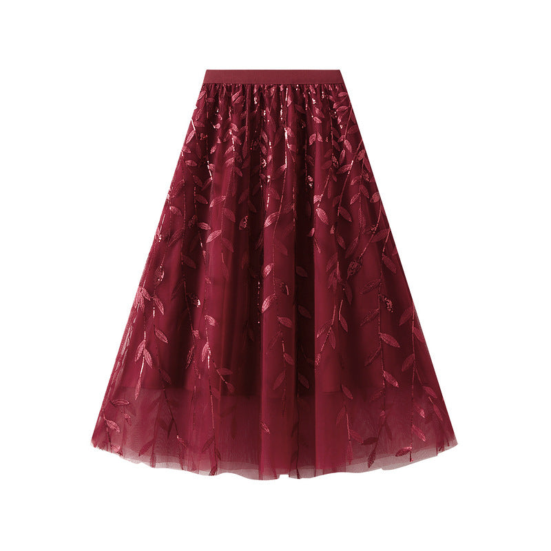 Glitter Leaves Embroidered Long Skirt - Venus Trendy Fashion Online