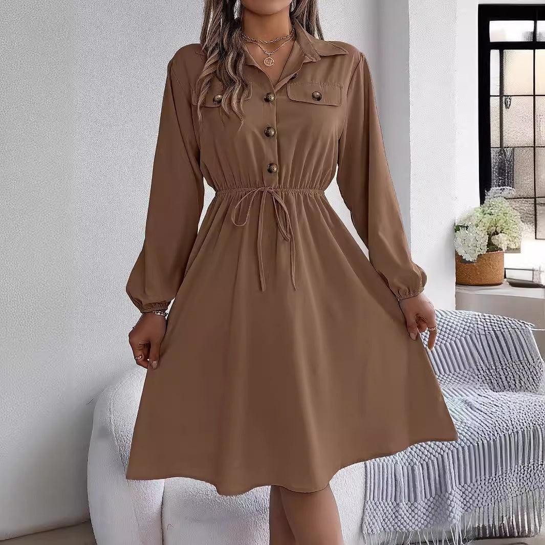 Real Shot Autumn Winter Casual Button Lace up Dress - Venus Trendy Fashion Online