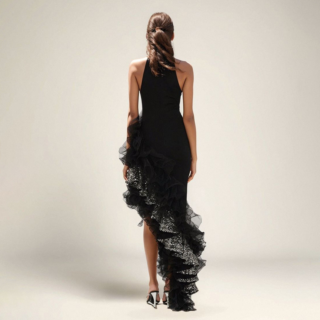 Ruffled Black Mesh Asymmetric Dress