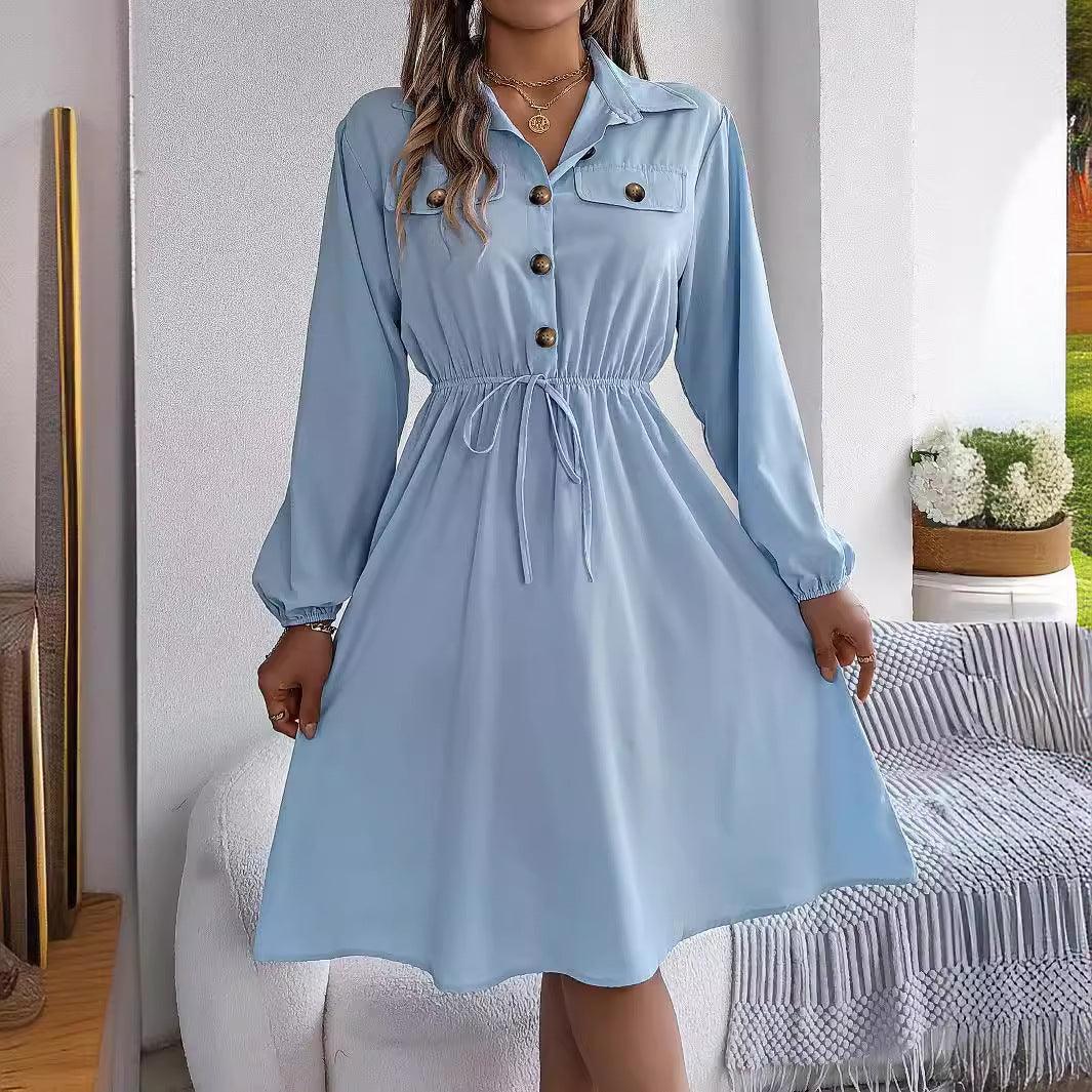 Real Shot Autumn Winter Casual Button Lace up Dress - Venus Trendy Fashion Online