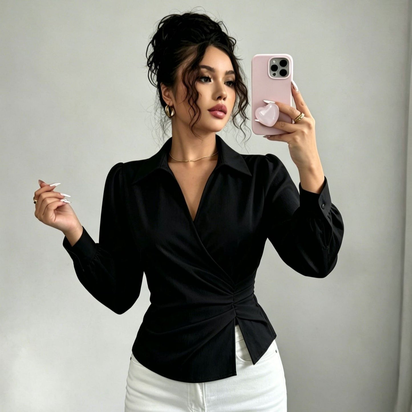 French Collared V neck Cross Wrap Waist Shirt