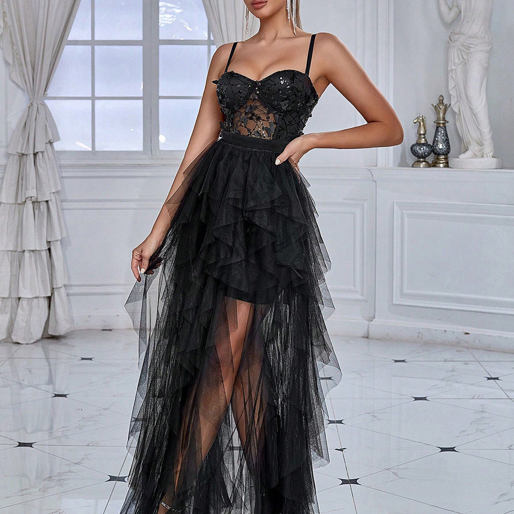 Women Clothing Sexy Dress Butterfly Sequin Stitching Mesh Evening Dress - Venus Trendy Fashion Online