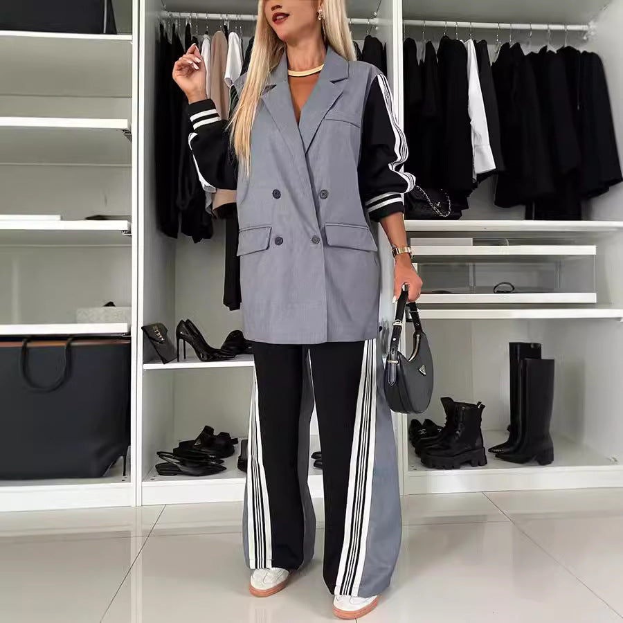 Long Sleeve Stitching Casual Loose Two Piece Suit
