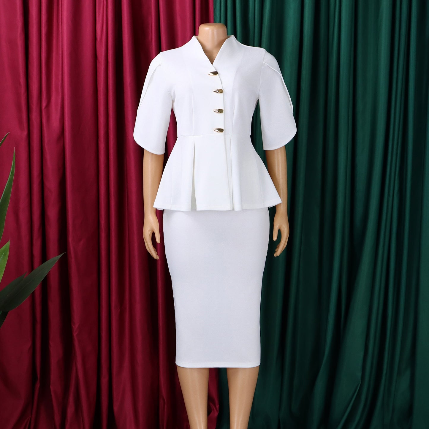 Women Short Sleeve Elegant Ruffled Hip Split Skirt Set