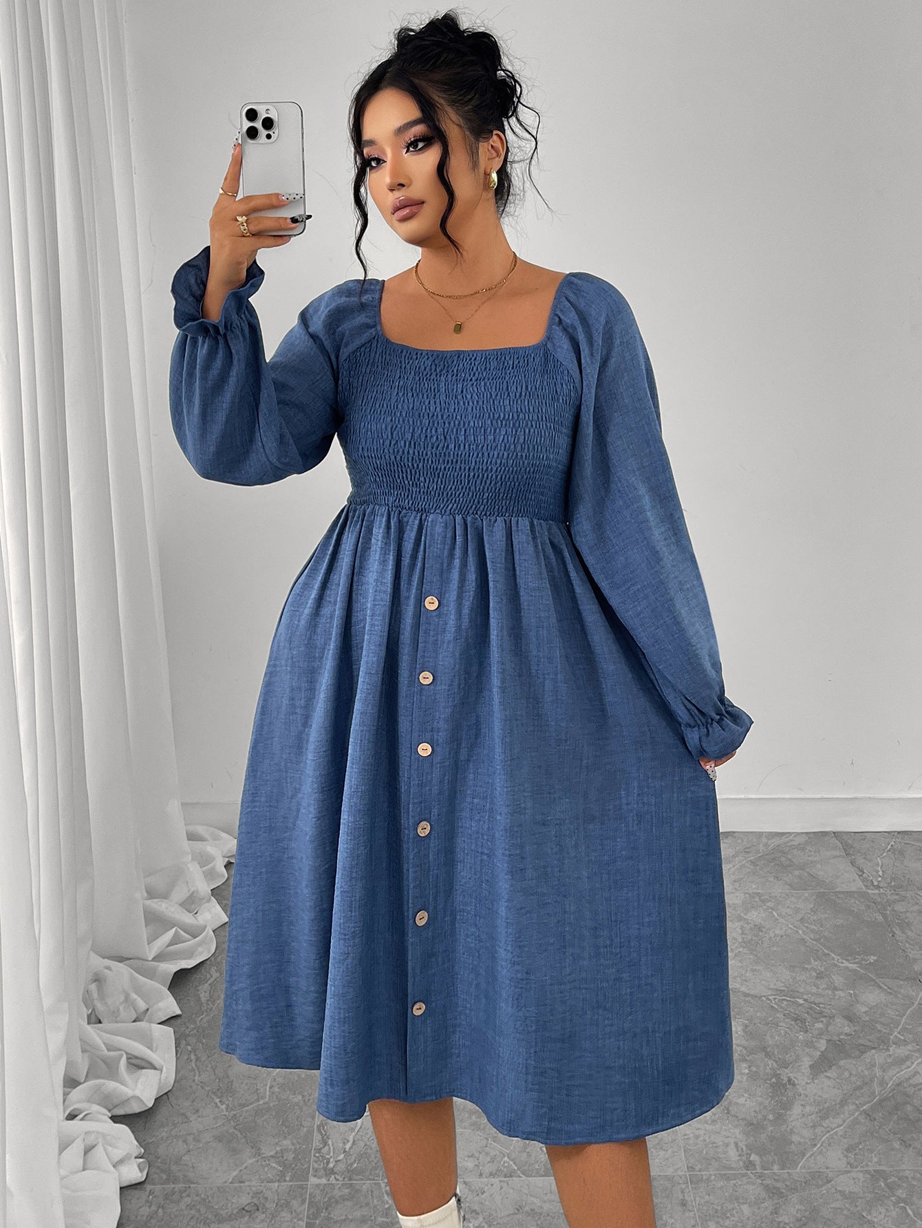 High Waist Pleated Square Collar Button Long Sleeve Dress