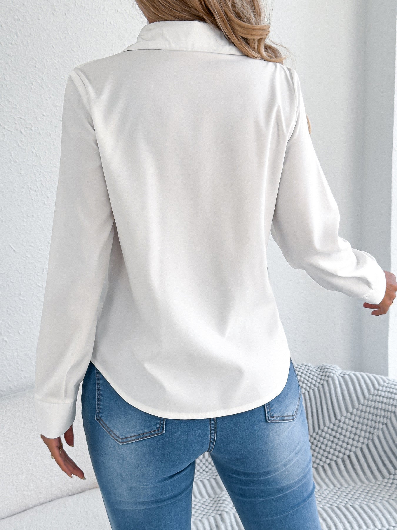 Women Elegant Pleated Solid Color Buttons Long Sleeve Office Shirt