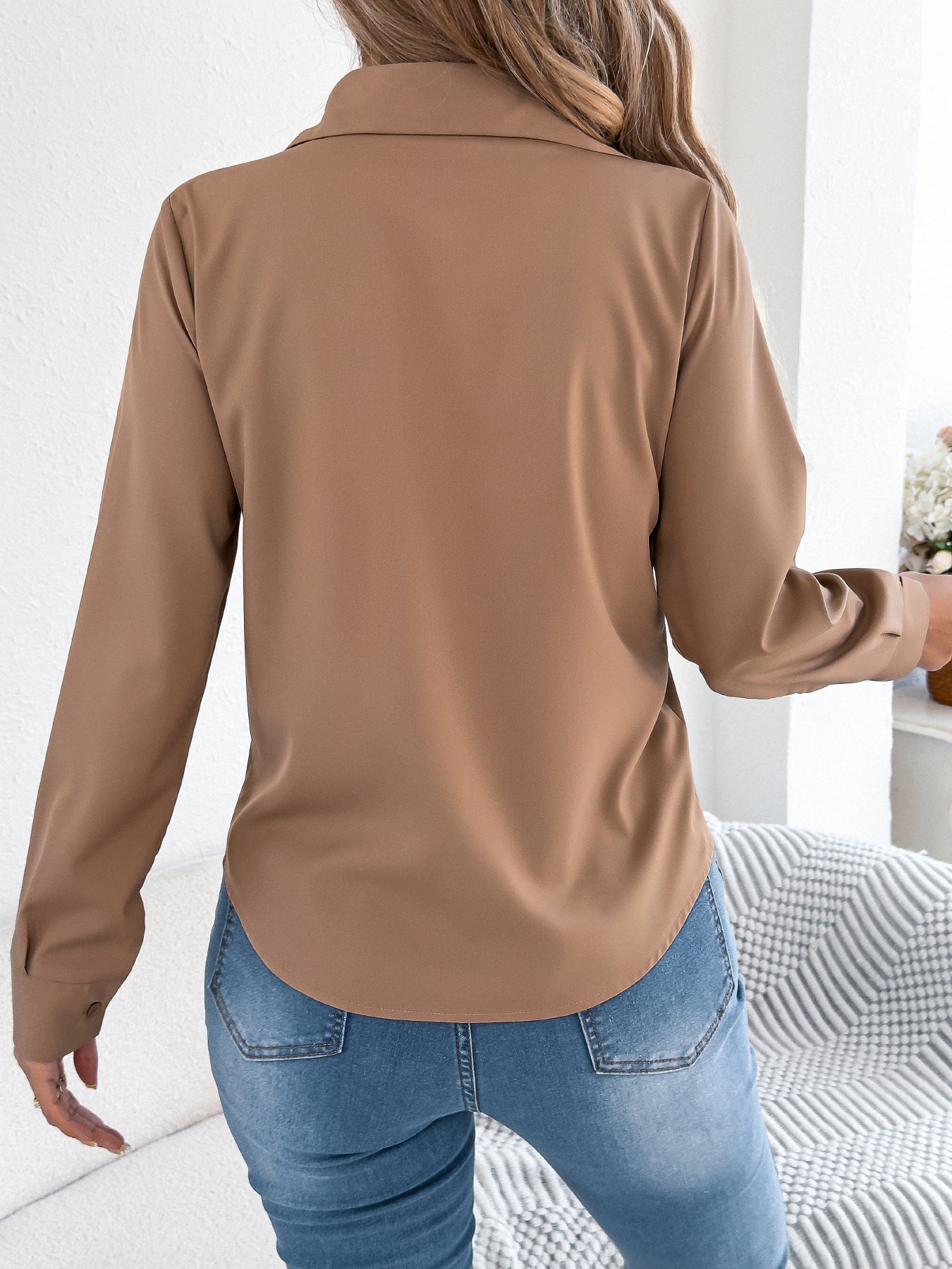 Women Elegant Pleated Solid Color Buttons Long Sleeve Office Shirt