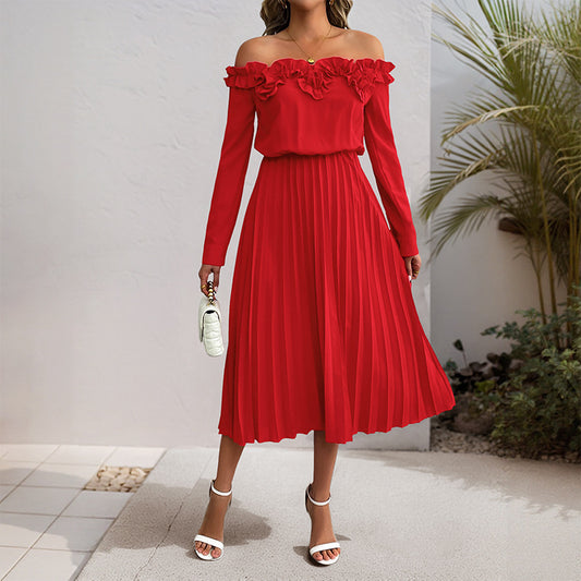 Elegant Sweet off Shoulder Long Sleeve Solid Color Dress