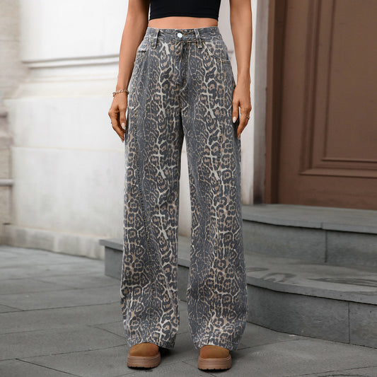 Retro High Street Loose Casual Leopard Print Jeans