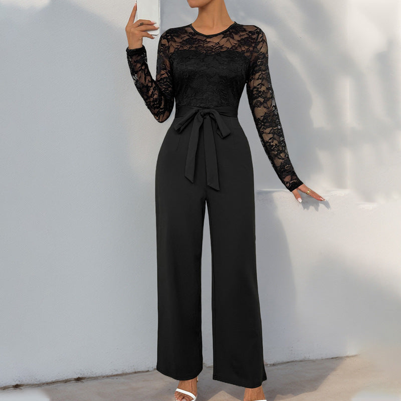 Lace Stitching Zipper Lace Up Solid Color Jumpsuit