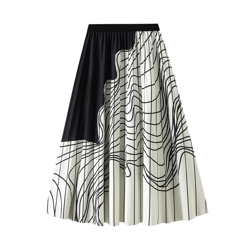 Pleated Women Mid Length Design Black White Contrast Color Skirt