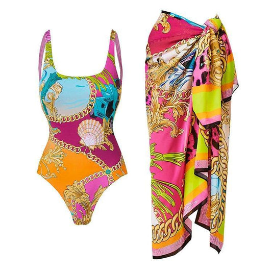 Printed Contrast Color One Piece Swimsuit Sets - Venus Trendy Fashion Online