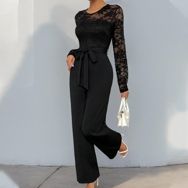 Lace Stitching Zipper Lace Up Solid Color Jumpsuit