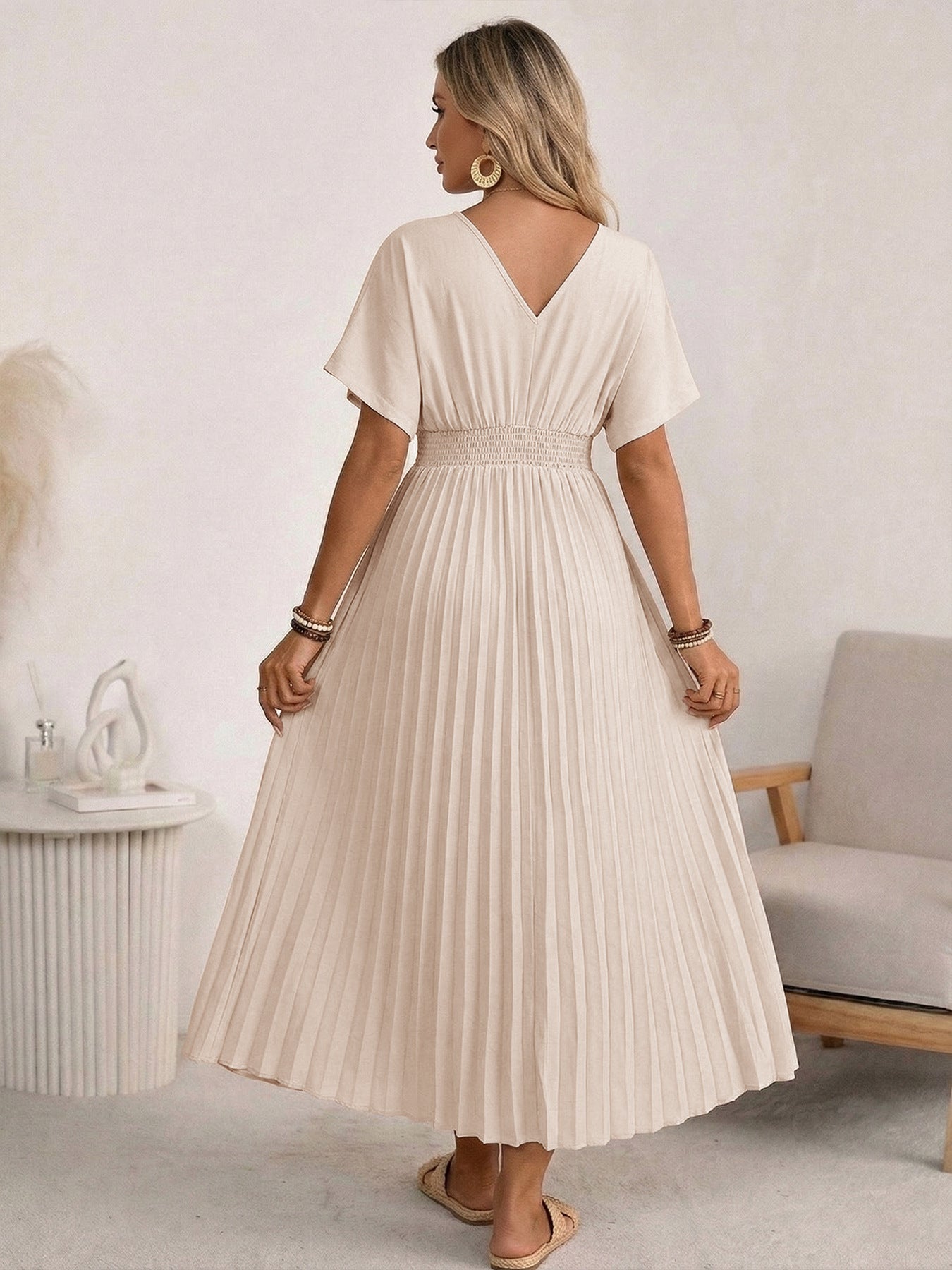 Casual Simple Solid Color V neck Pleated Puffy Dress