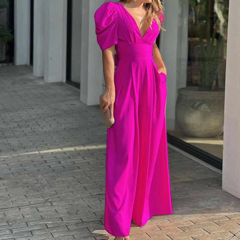 Women Short Sleeve Elegant Wide Legs Jumpsuit