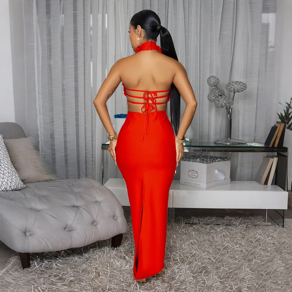 Sexy Halter Large Floral Evening Dress