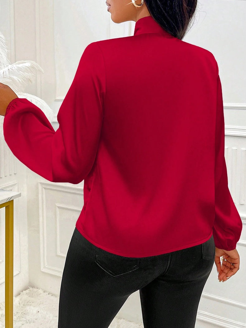 Women Satin Bow Long Sleeve Shirt