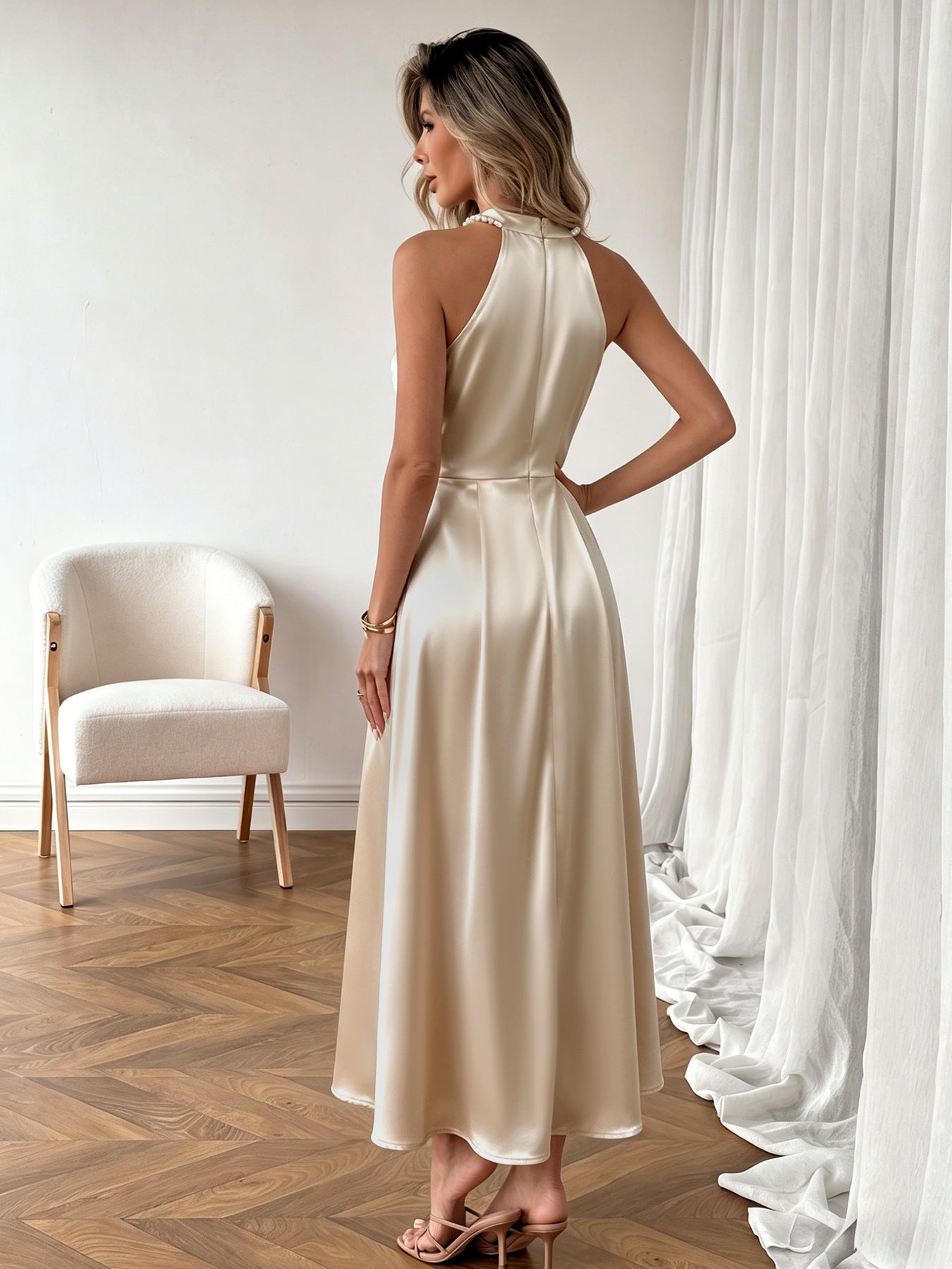 Luxury Champagne Satin Halter Beaded Collar Dress