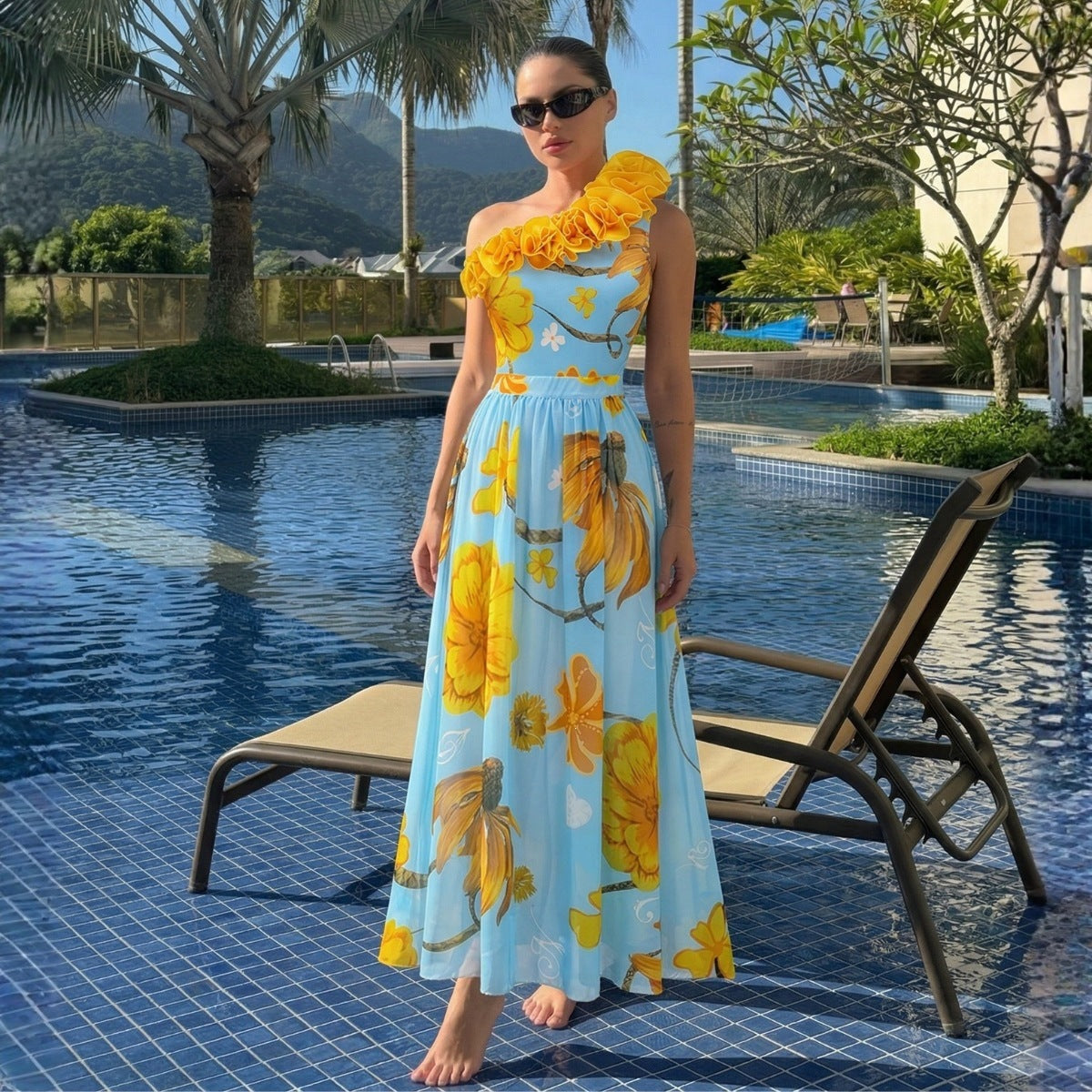 Sunflower Single Shoulder One Piece Vacation Swimsuit