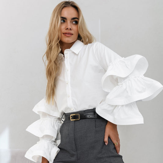 White Ruffled Long Sleeve Elegant Women Shirt