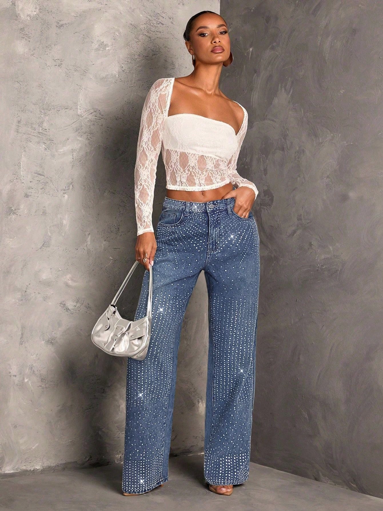 Women Mid Waist Elastic Irregular Asymmetric Jeans