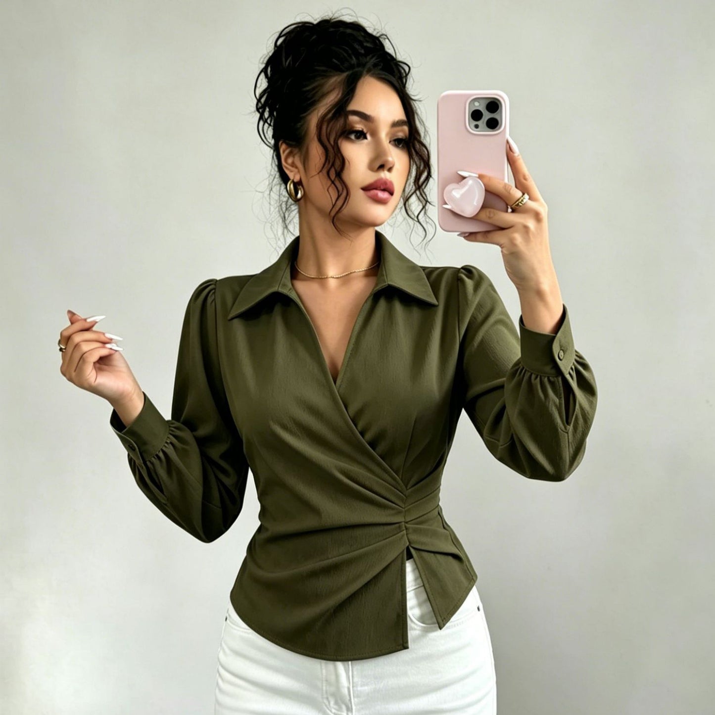 French Collared V neck Cross Wrap Waist Shirt