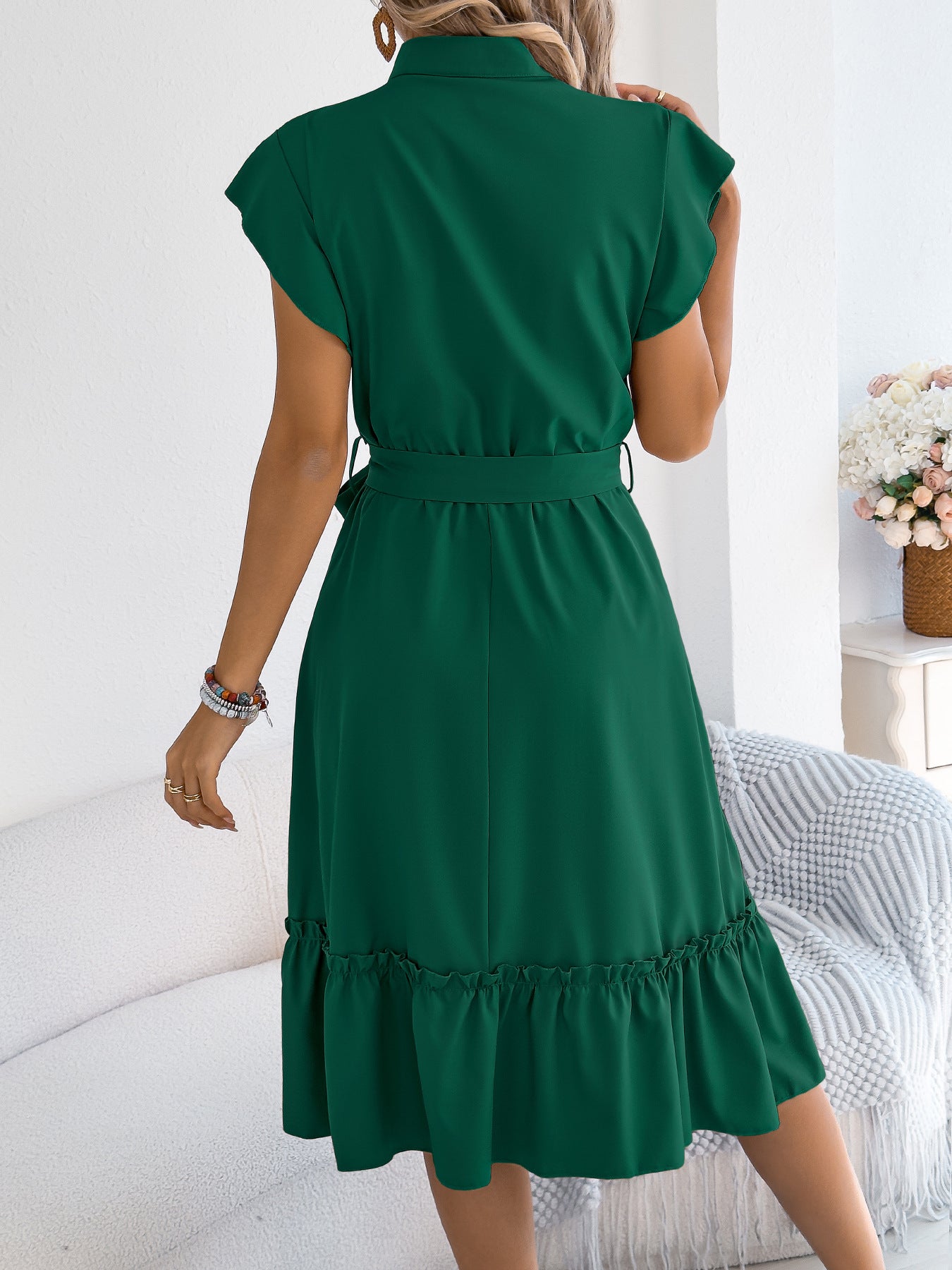 Summer Casual Stand Collar Ruffle Lace up Dress