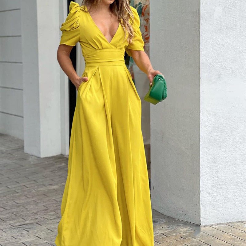 Women Short Sleeve Elegant Wide Legs Jumpsuit