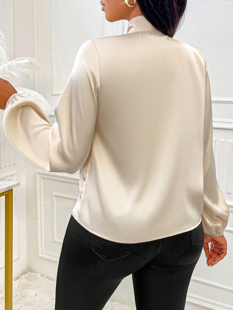 Women Satin Bow Long Sleeve Shirt