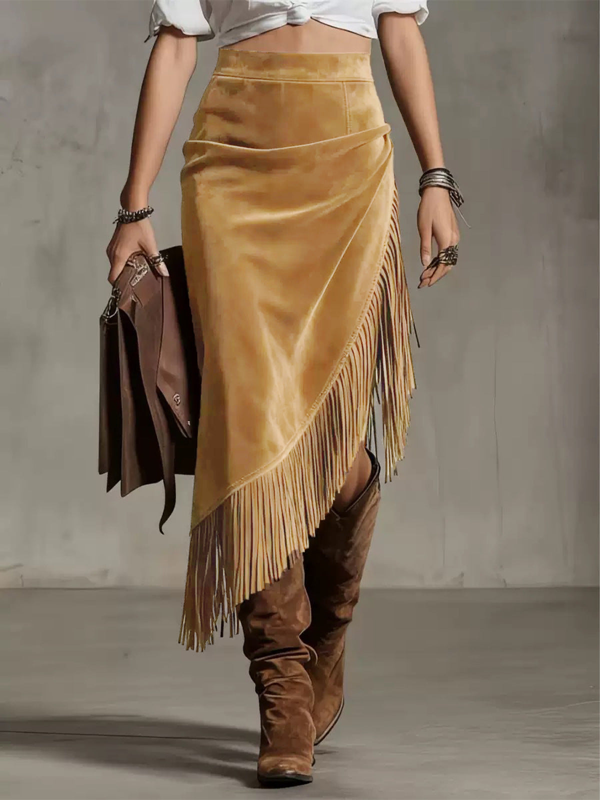 Retro Western Irregular Asymmetric Design Suede Skirt