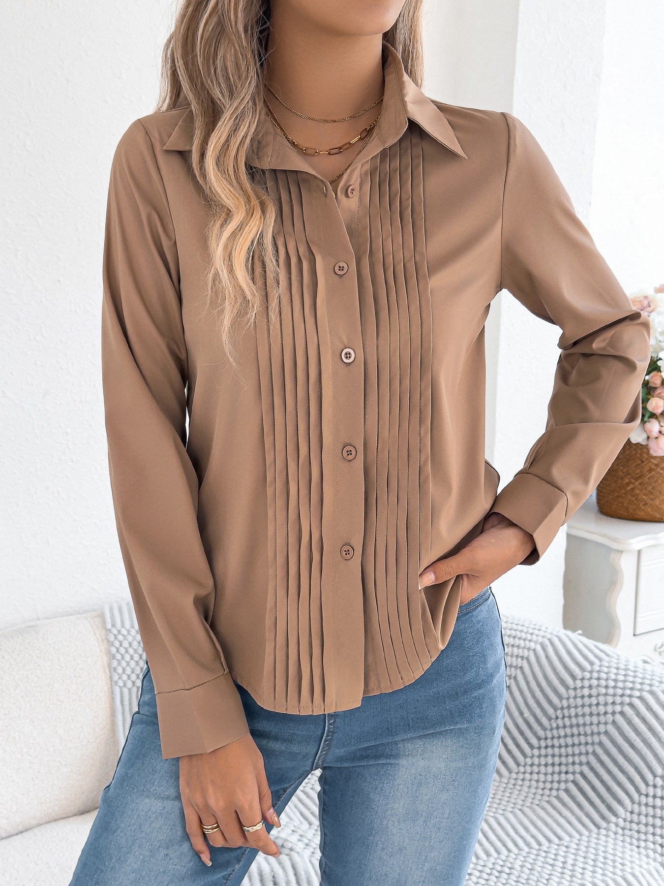 Women Elegant Pleated Solid Color Buttons Long Sleeve Office Shirt