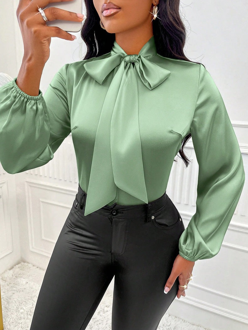 Women Satin Bow Long Sleeve Shirt