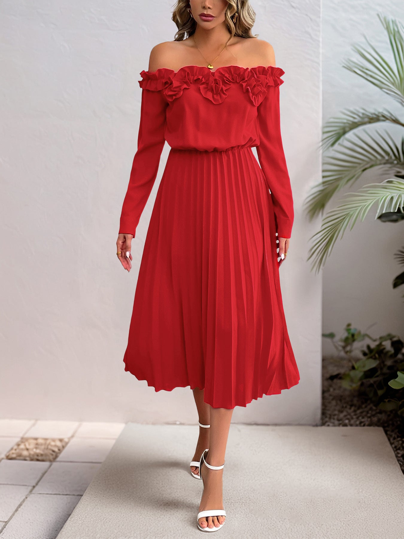 Elegant Sweet off Shoulder Long Sleeve Solid Color Dress