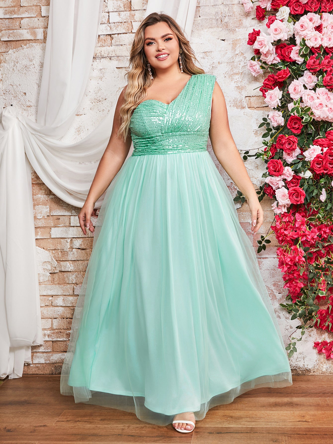 Plus Size Women Elegant Mesh Diagonal Shoulder Dress