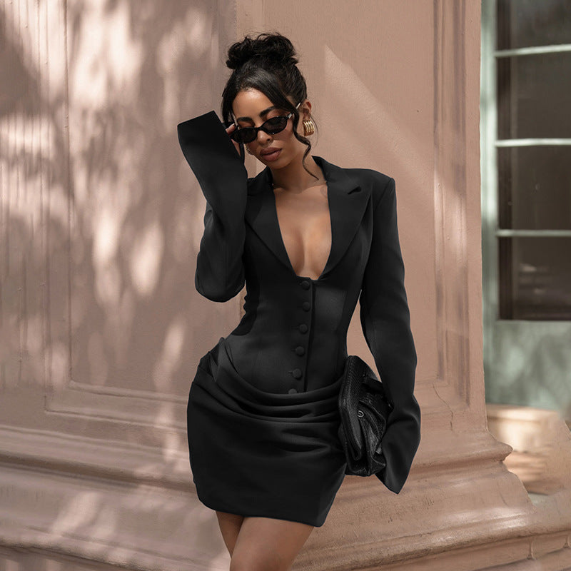 Women Sexy Deep V Plunge neck Buttons Solid Color Dress