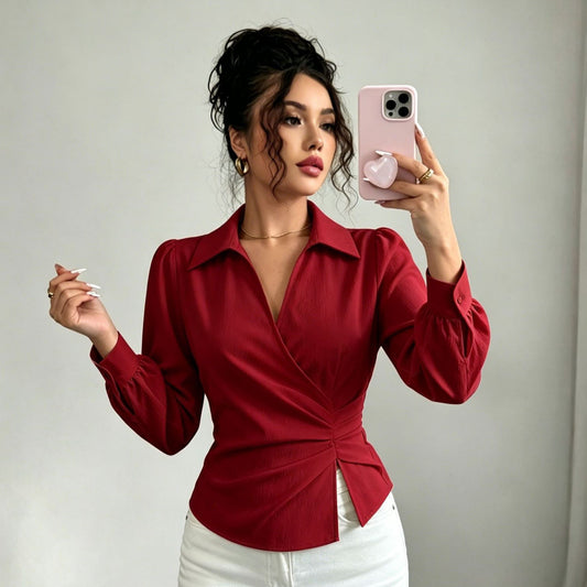 French Collared V neck Cross Wrap Waist Shirt