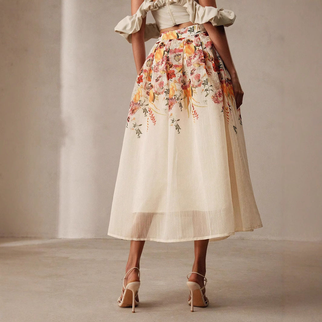 Summer Women Digital Printing High Waist Half Tulle Skirt